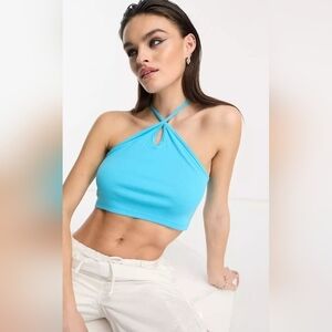 Only exclusive key hole halter neck top in blue
